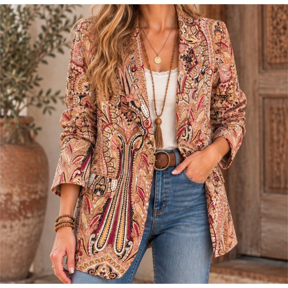 NWT Express Paisley Print Blazer Single Button Drawstring Waist Small boho retro
